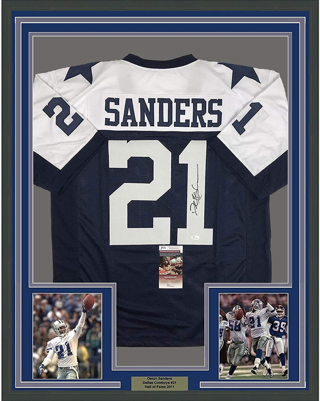 Framed Autographed/Signed Deion Sanders 35x39 Dallas Thanksgiving Day Football Jersey JSA COA