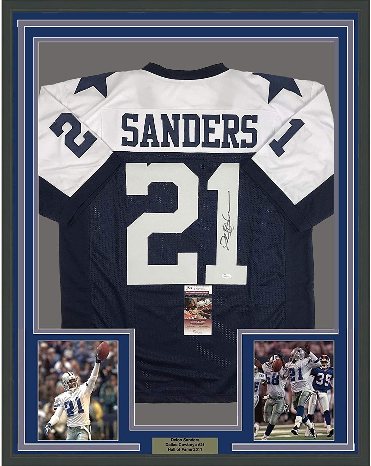 Framed Autographed/Signed Deion Sanders 35x39 Dallas Thanksgiving Day Football Jersey JSA COA