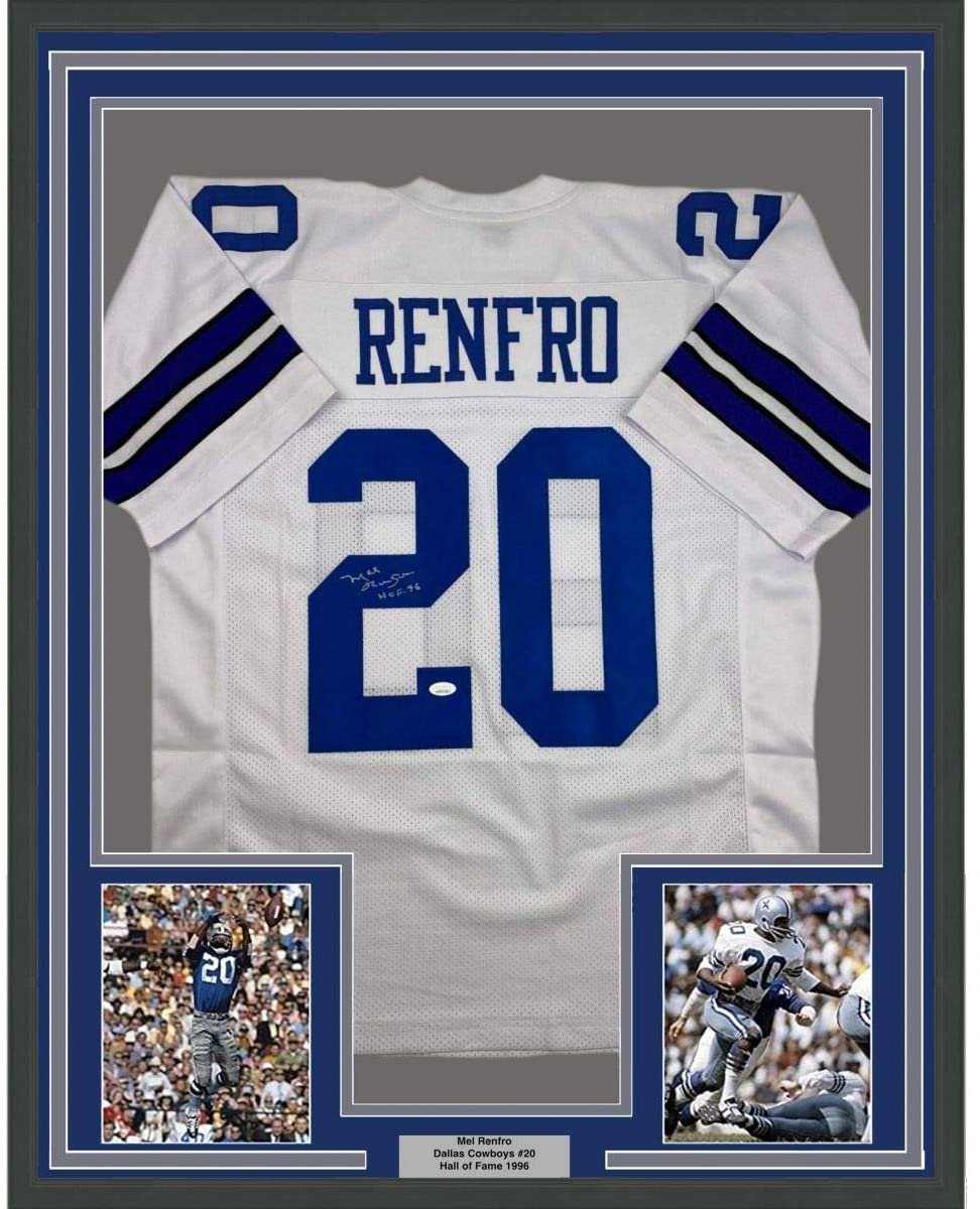 Framed Autographed/Signed Mel Renfro HOF 96 35x39 Dallas White Football Jersey JSA COA