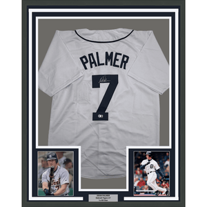 Framed Autographed/Signed Dean Palmer 35x39 Detroit White Baseball Jersey Beckett BAS COA