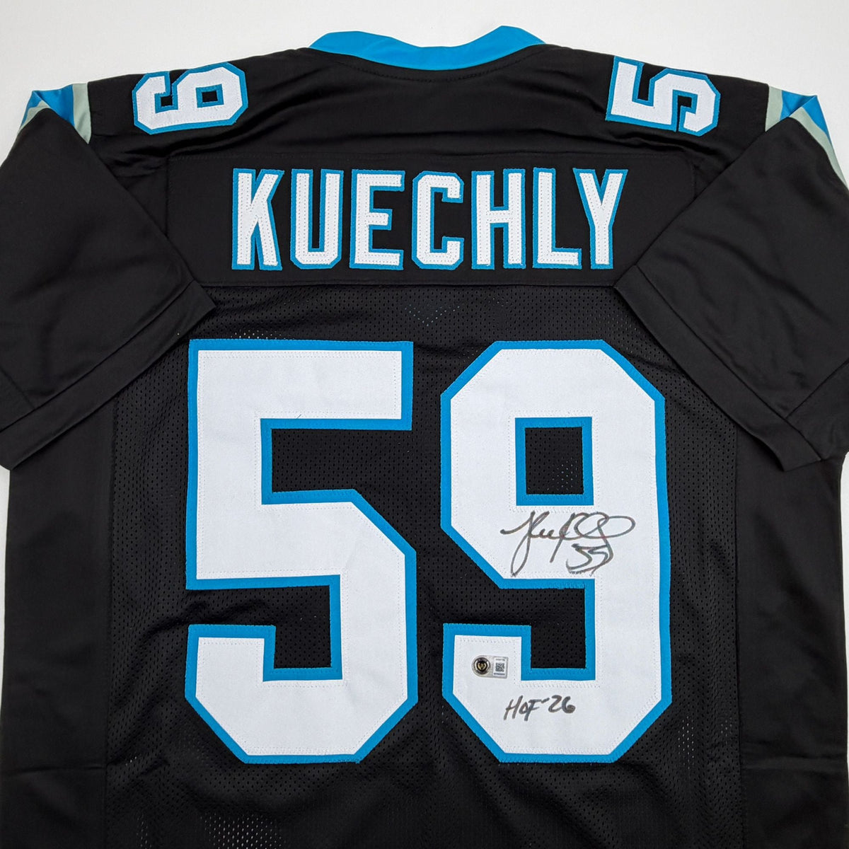 Autographed/Signed Luke Kuechly HOF 26 Carolina Black Football Jersey Beckett BAS COA