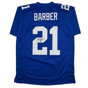Autographed/Signed Tiki Barber New York Blue Football Jersey Beckett BAS COA