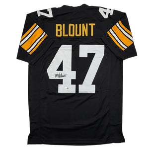 Autographed/Signed Mel Blount Pittsburgh Black Football Jersey Beckett BAS COA