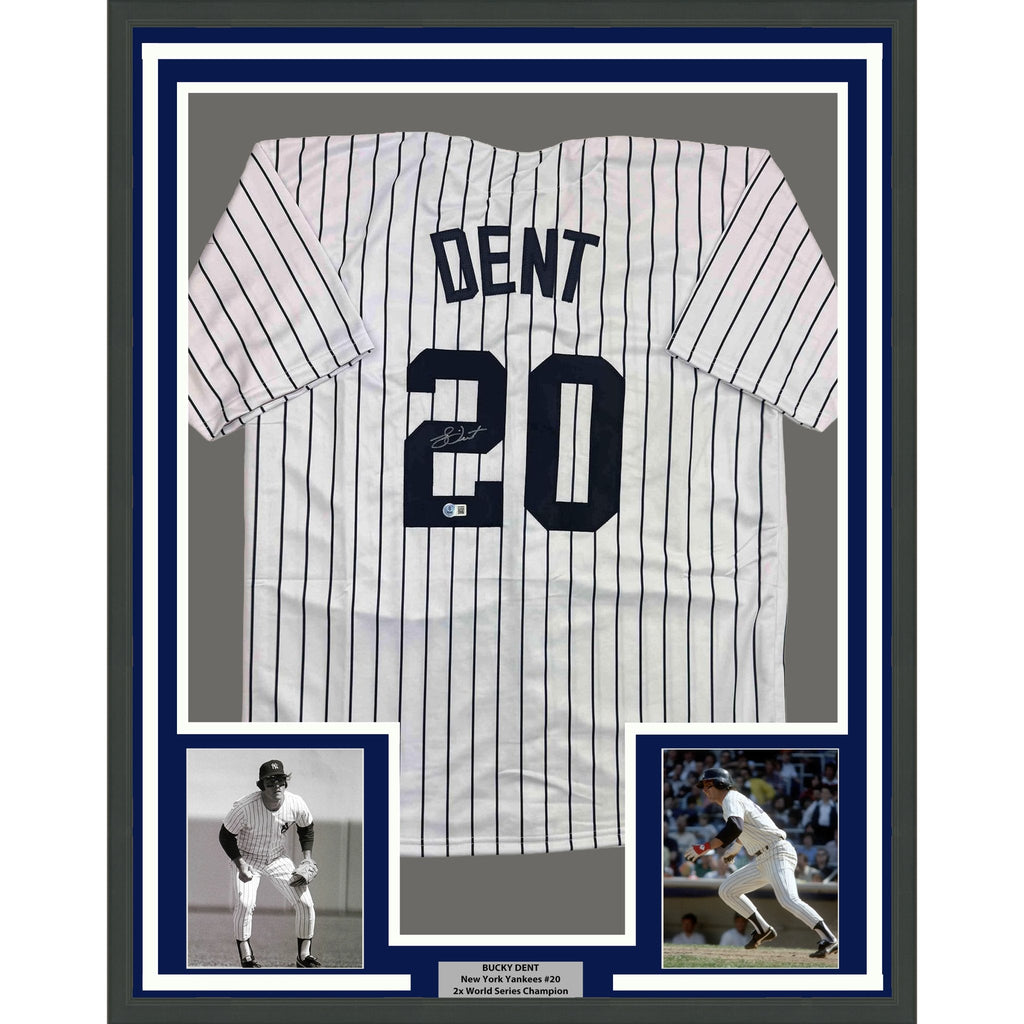 Framed Autographed/Signed Bucky Dent 35x39 New York Pinstripe Baseball Jersey Beckett BAS COA