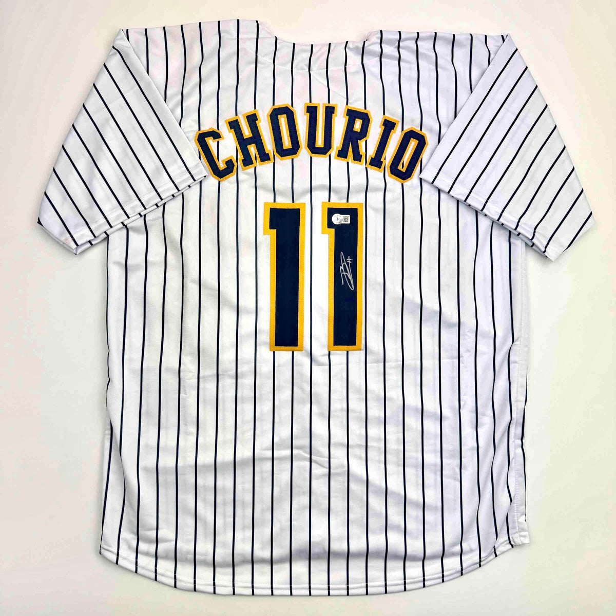 Autographed/Signed Jackson Chourio Milwaukee Pinstripe Baseball Jersey Beckett BAS COA