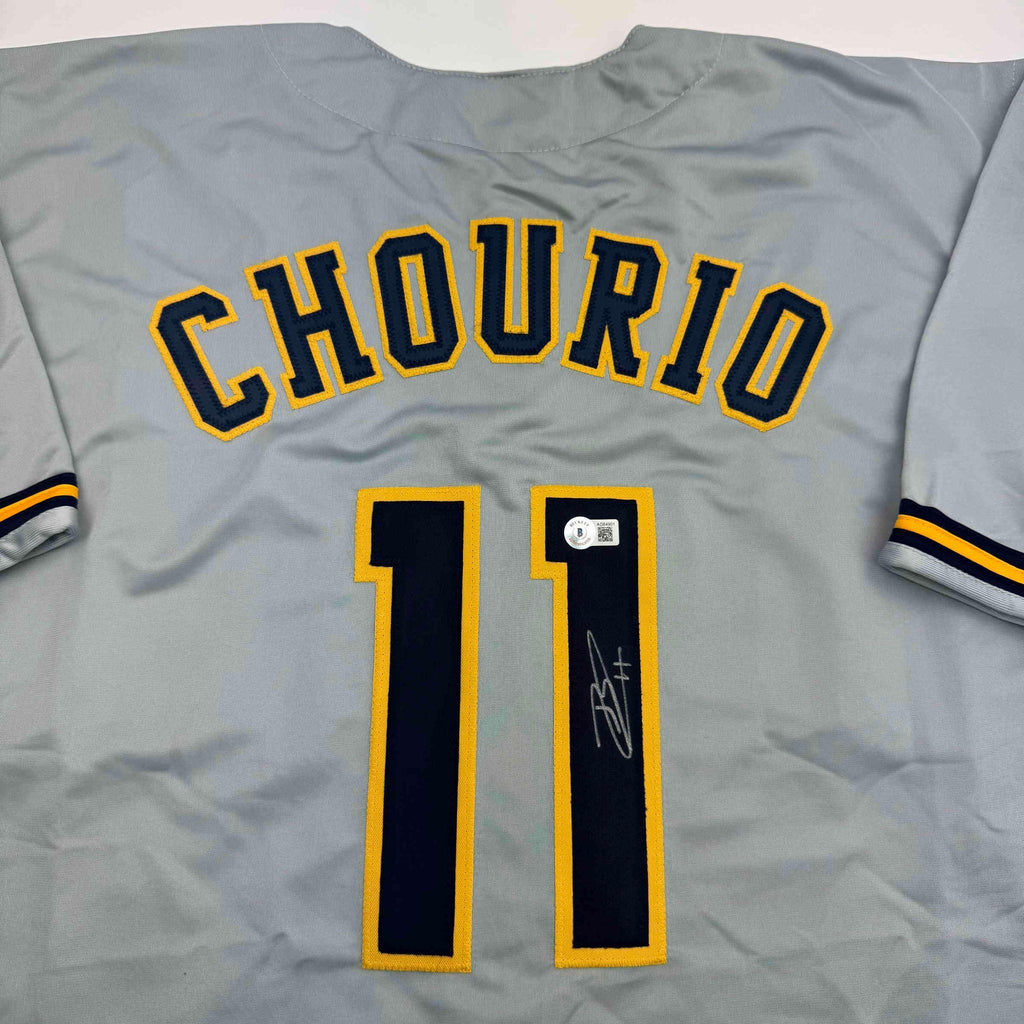 Autographed/Signed Jackson Chourio Milwaukee Grey Baseball Jersey Beckett BAS COA