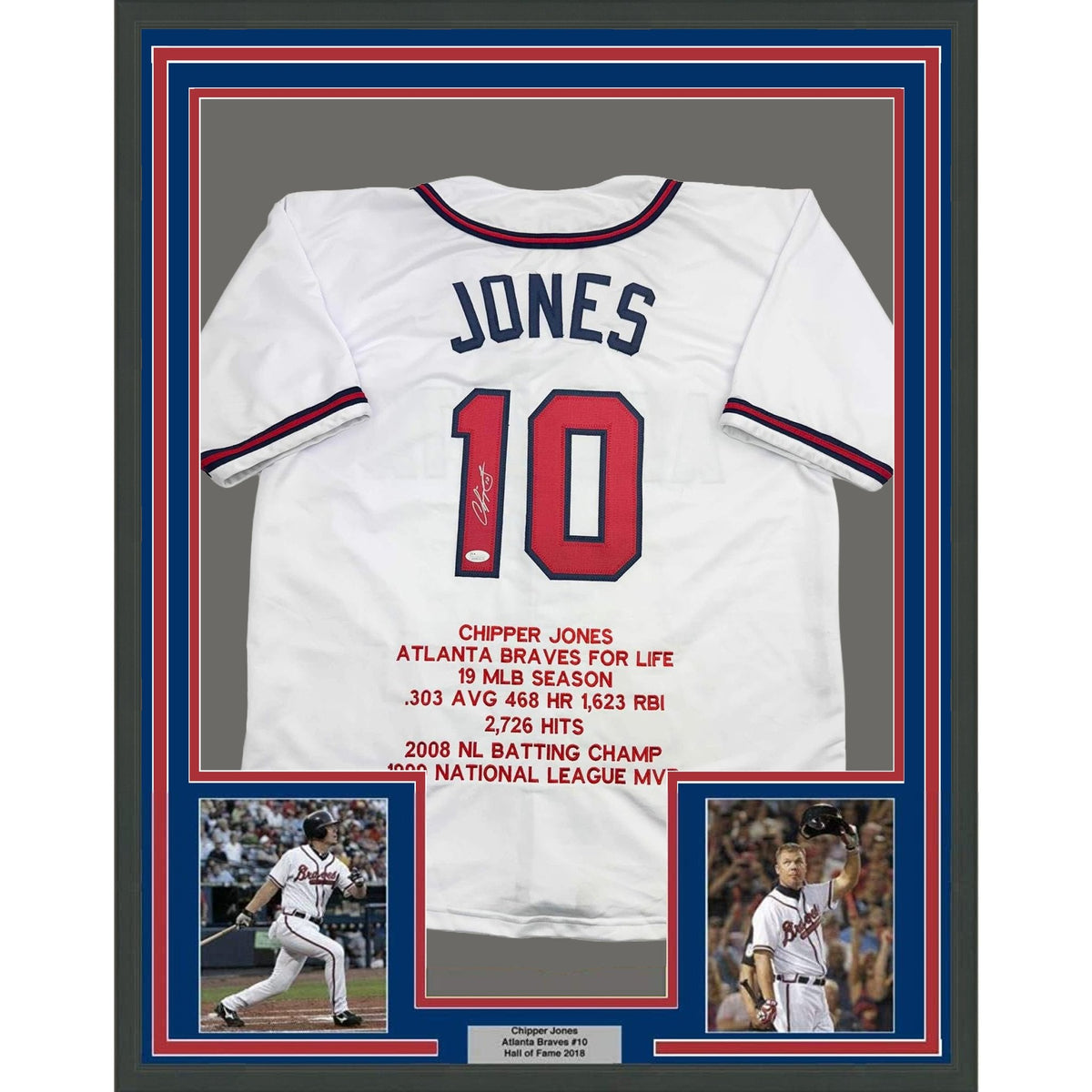 Framed Autographed/Signed Chipper Jones 35x39 Atlanta White Stat Baseball Jersey JSA COA