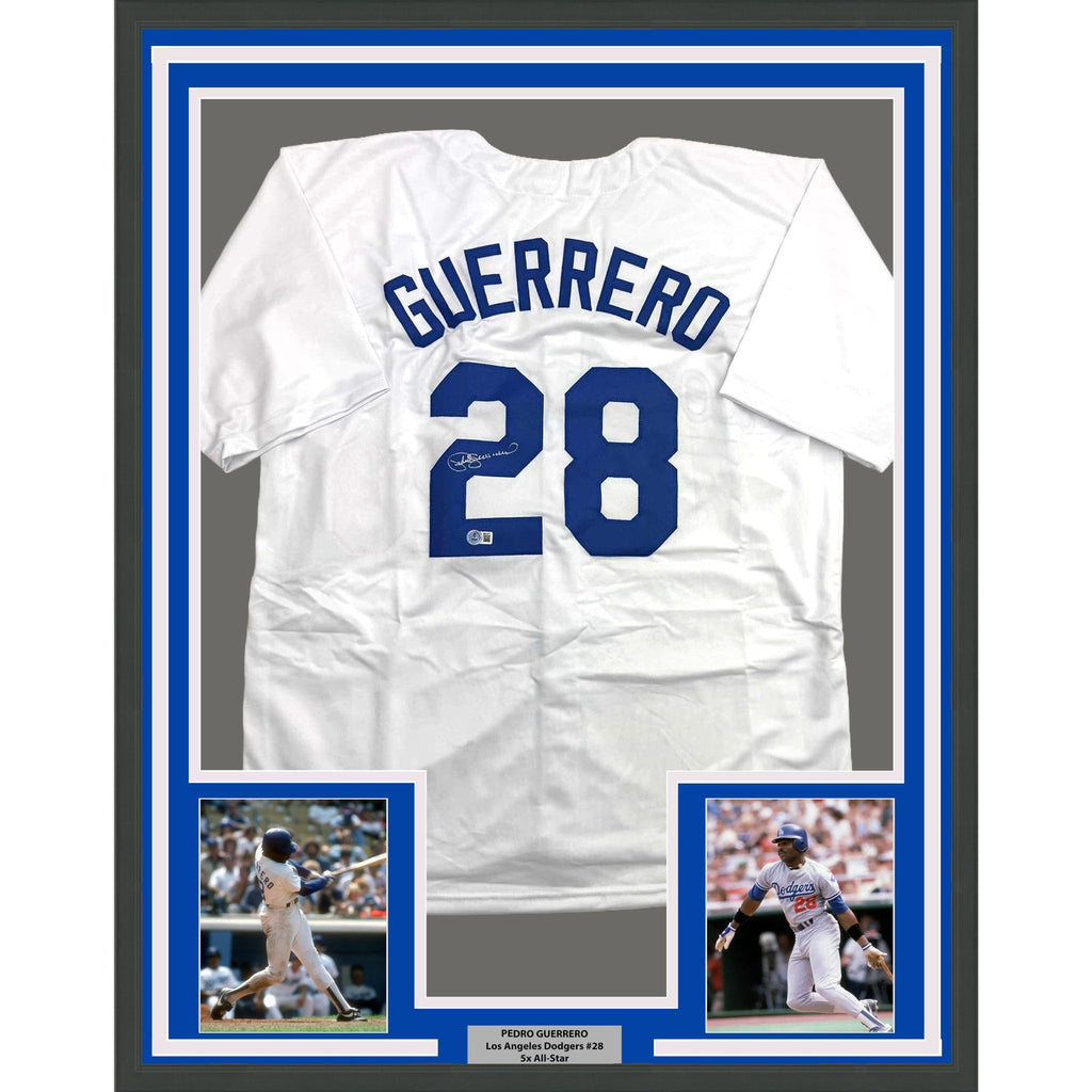 Framed Autographed/Signed Pedro Guerrero 35x39 Los Angeles LA White Baseball Jersey Beckett BAS COA
