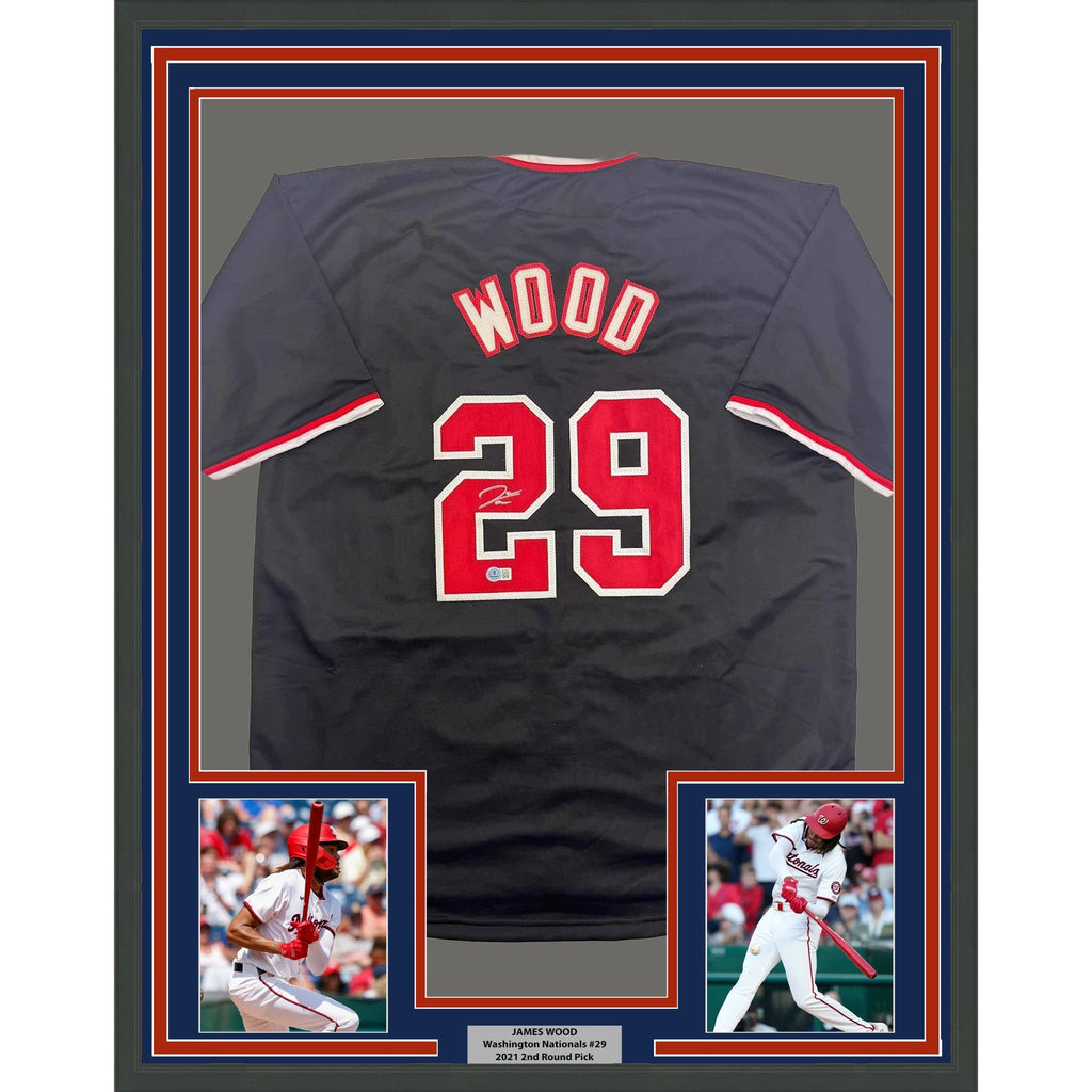 Framed Autographed/Signed James Wood 35x39 Washington Black Baseball Jersey Beckett BAS COA