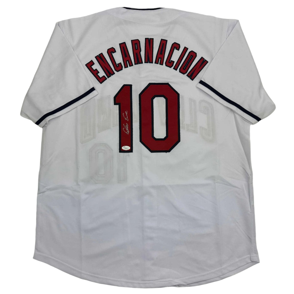 Autographed/Signed Edwin Encarnacion Cleveland White Baseball Jersey JSA COA