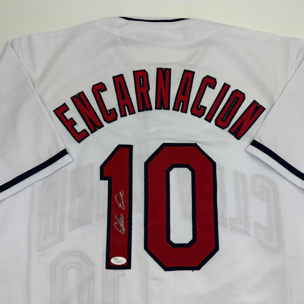 Autographed/Signed Edwin Encarnacion Cleveland White Baseball Jersey JSA COA