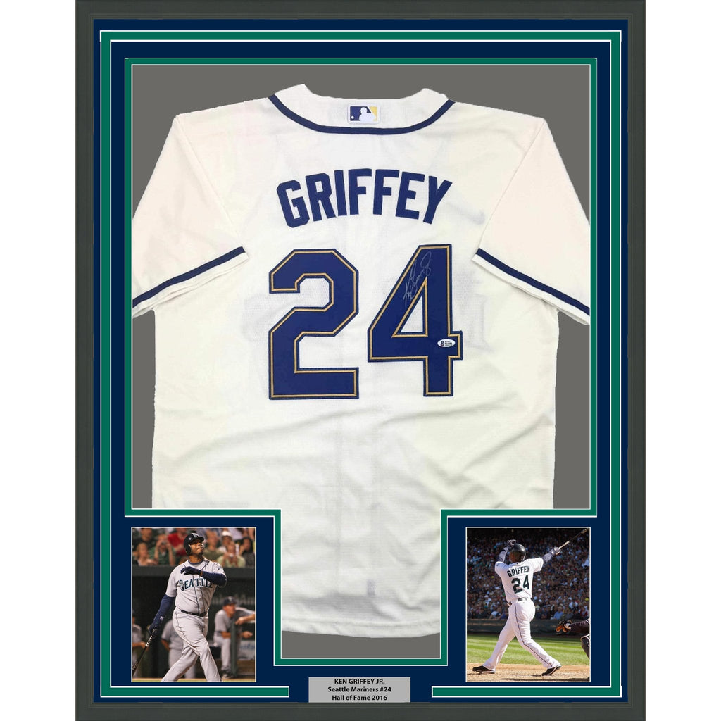 Framed Autographed/Signed Ken Griffey Jr. 35x39 Seattle Cream Baseball Jersey Beckett BAS COA