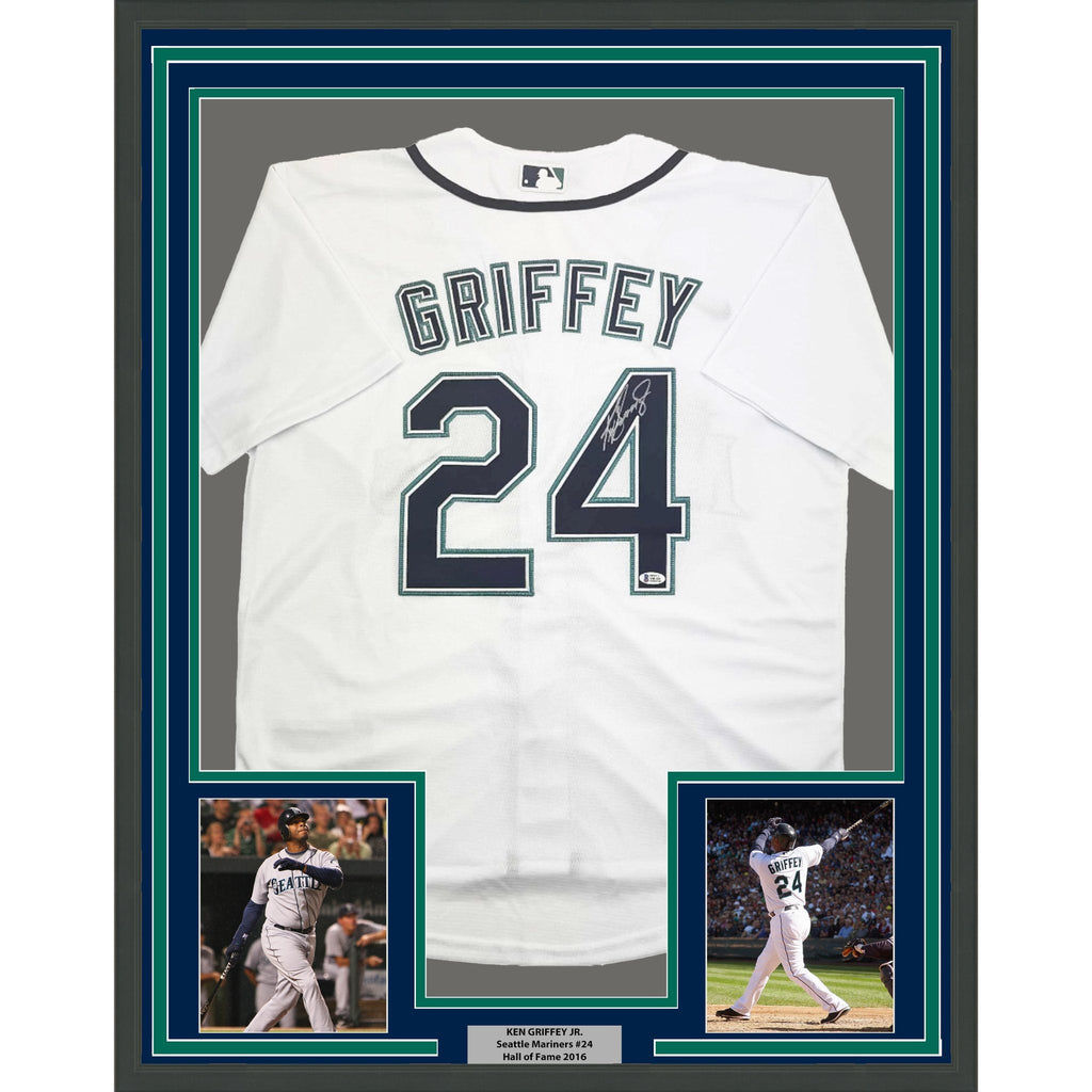 Framed Autographed/Signed Ken Griffey Jr. 35x39 Seattle White Baseball Jersey Beckett BAS COA