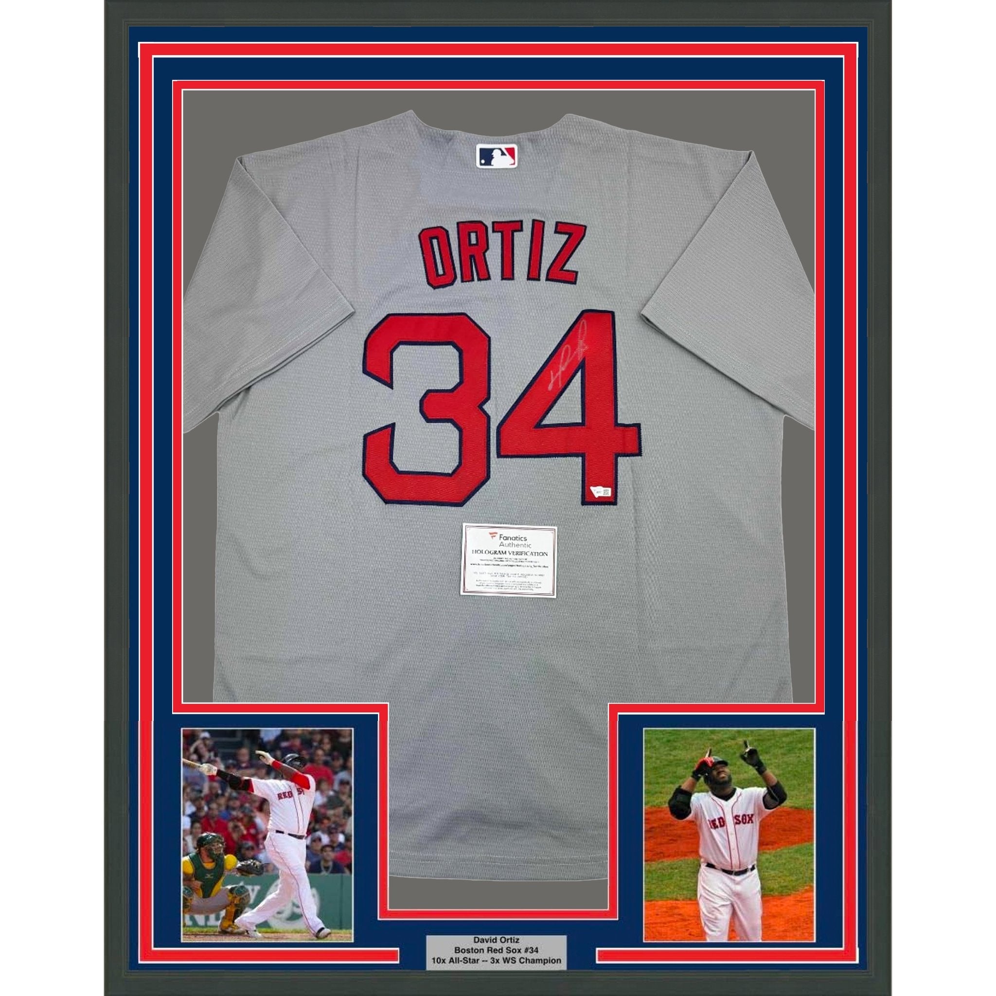 Framed Autographed/Signed David Ortiz 35x39 Boston Red Sox Grey Baseball Jersey Fanatics COA