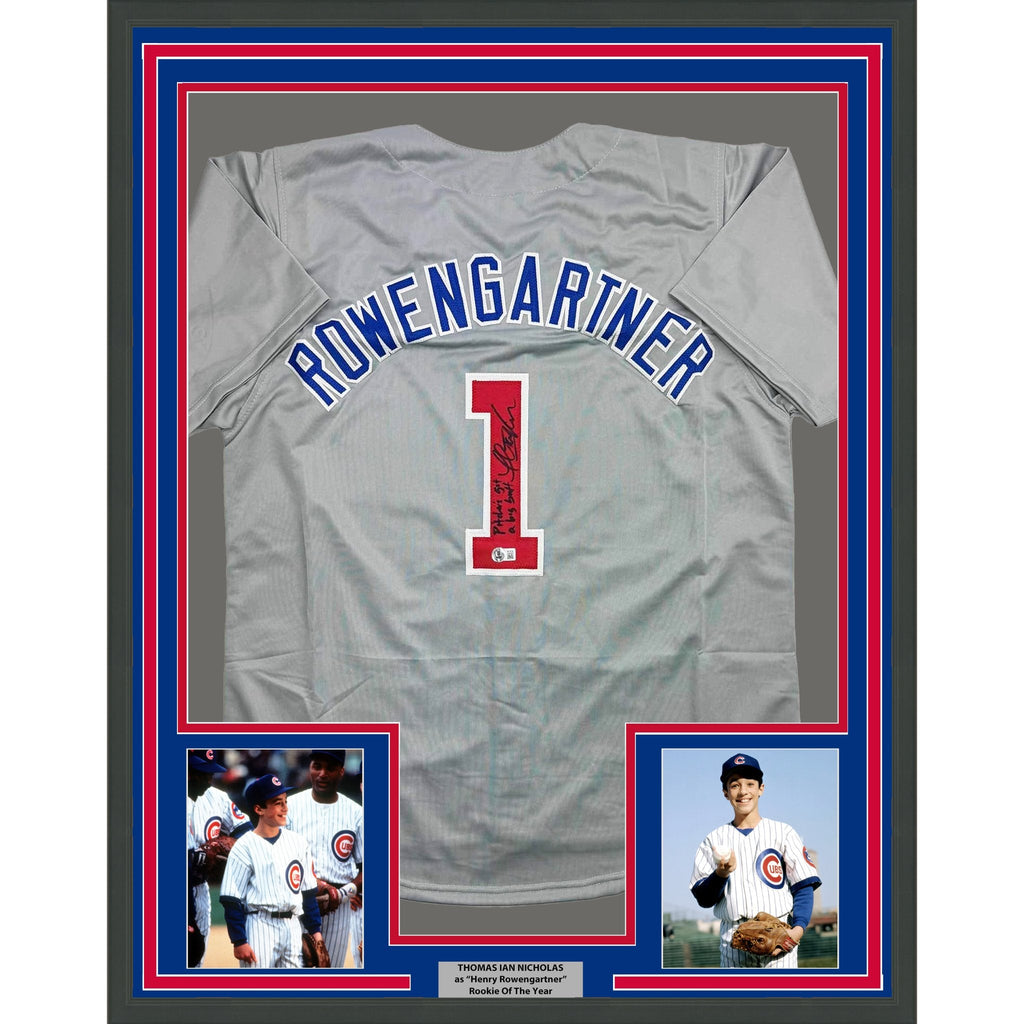 Framed Autographed/Signed Thomas Ian Nicholas Henry Rowengartner Rookie 35x39 Of The Year Chicago Grey Baseball Jersey Beckett BAS COA