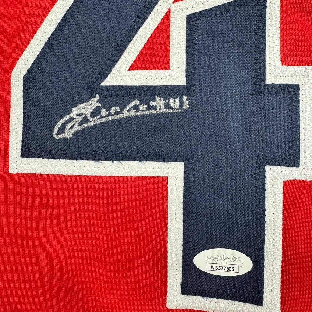 Framed Autographed/Signed Emmanuel Clase 35x39 Cleveland Red Baseball Jersey JSA COA