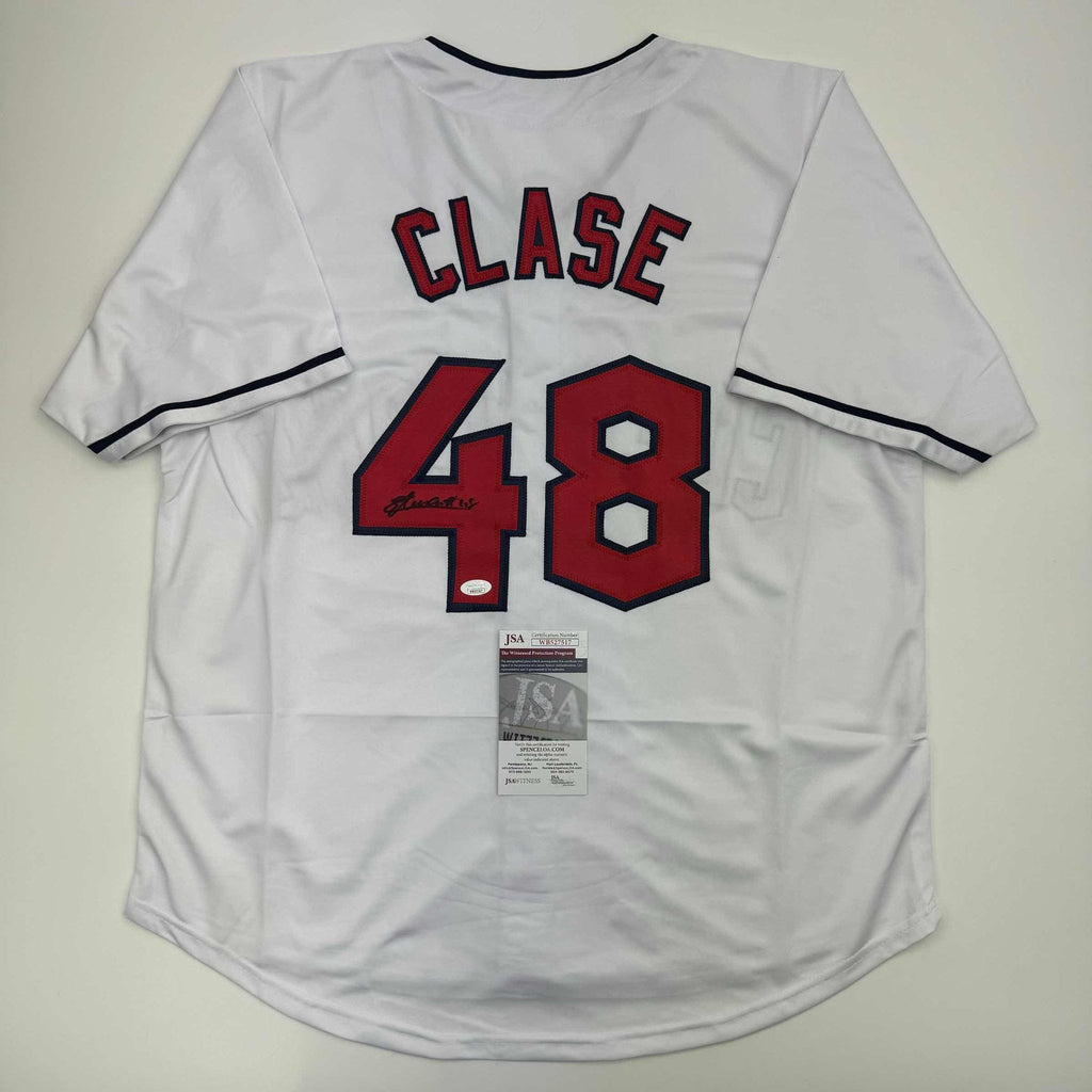 Autographed/Signed Emmanuel Clase Cleveland White Baseball Jersey JSA COA