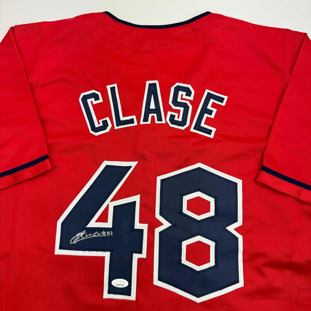 Autographed/Signed Emmanuel Clase Cleveland Red Baseball Jersey JSA COA