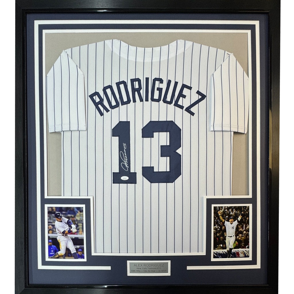 Framed Autographed/Signed Alex Rodriguez 35x39 New York Pinstripe Baseball Jersey JSA COA
