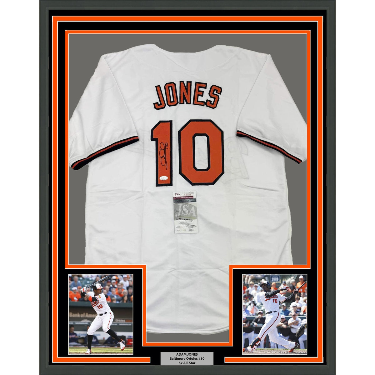 Framed Autographed/Signed Adam Jones 35x39 Baltimore White Baseball Jersey JSA COA
