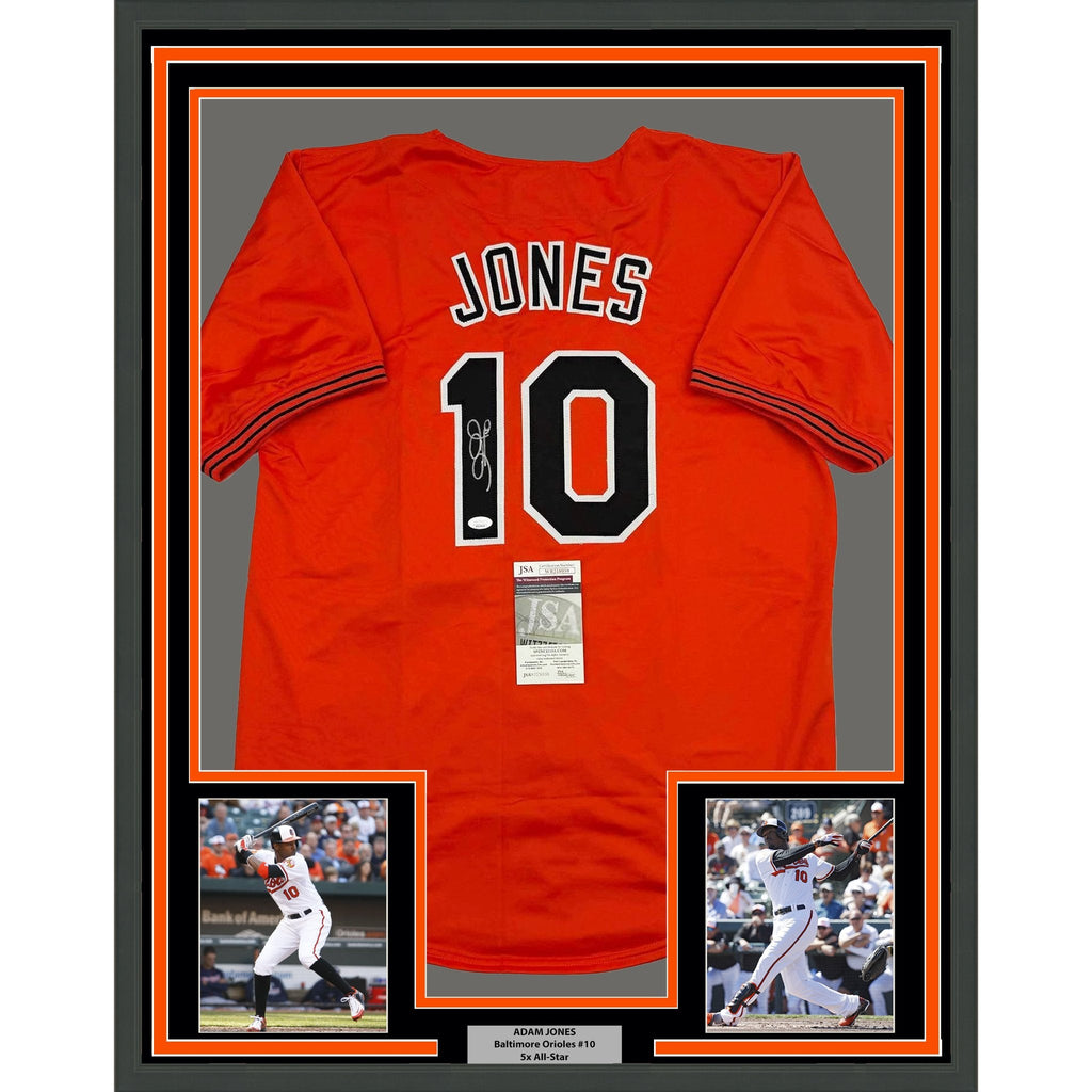 Framed Autographed/Signed Adam Jones 35x39 Baltimore Orange Baseball Jersey JSA COA