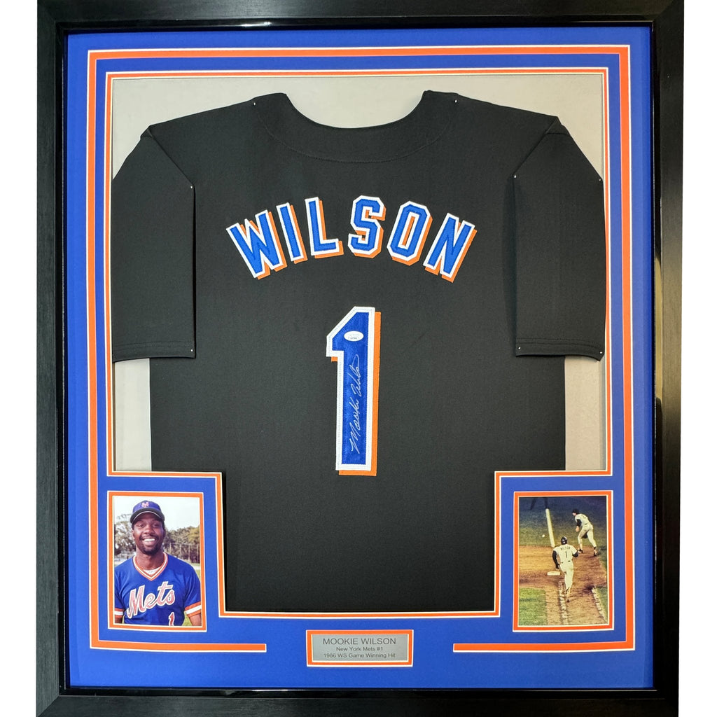 Framed Autographed/Signed Mookie Wilson 35x39 New York Black Baseball Jersey JSA COA