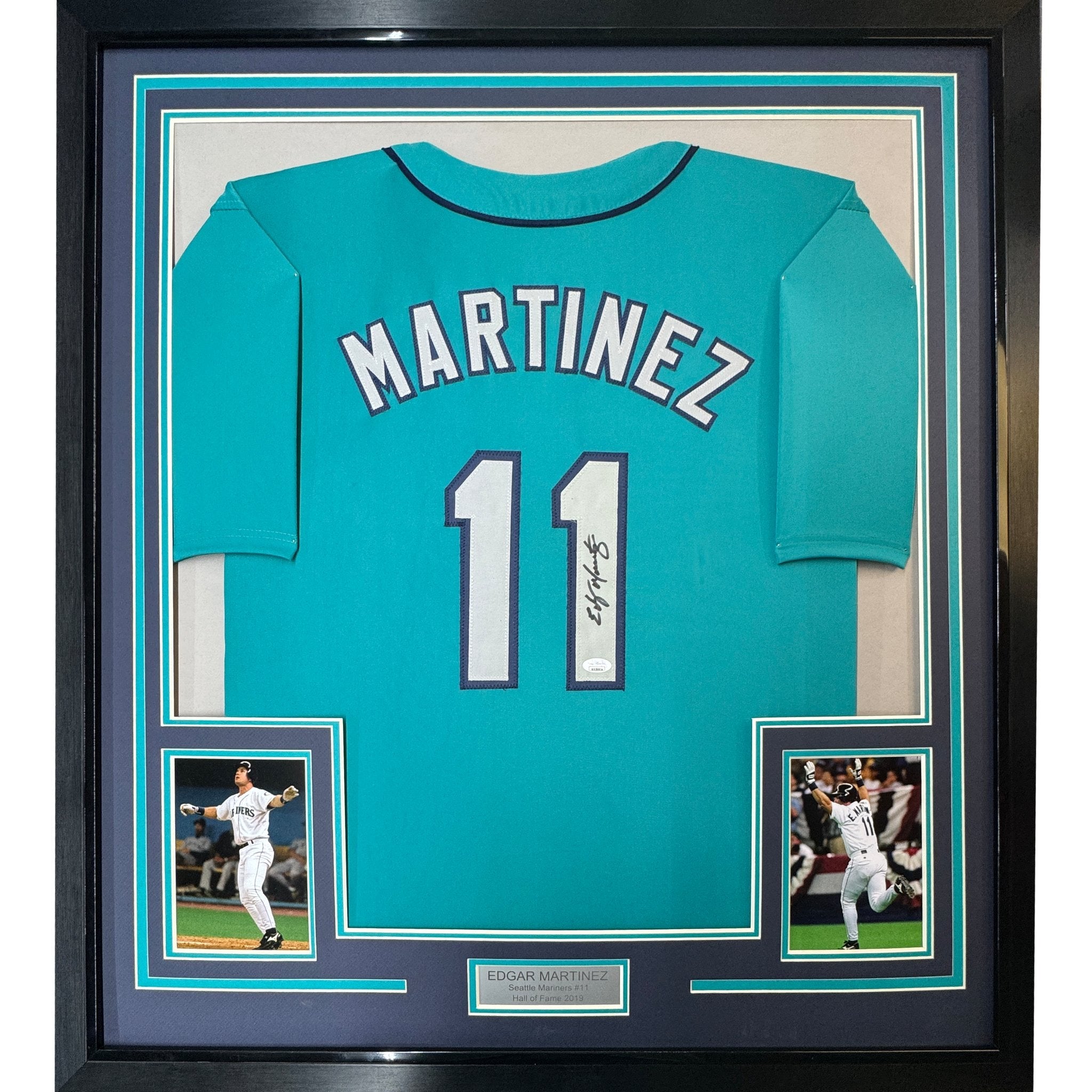 Framed Autographed/Signed Edgar Martinez 35x39 Seattle Teal Baseball Jersey JSA COA