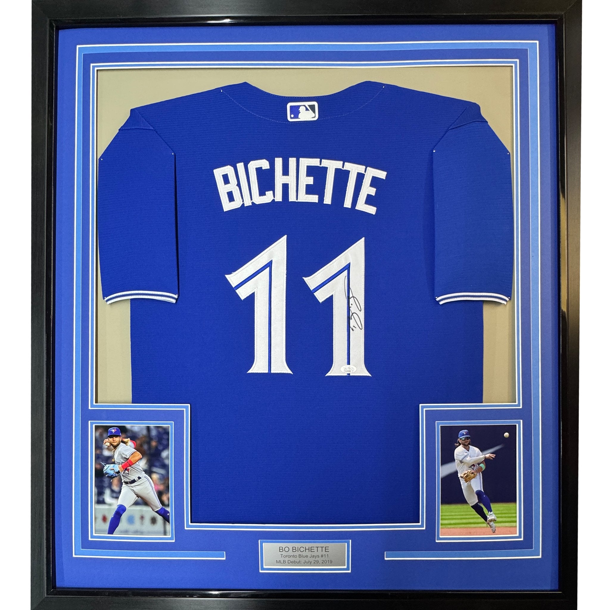 Framed Autographed/Signed Bo Bichette 35x39 Toronto Blue Baseball Jersey JSA COA