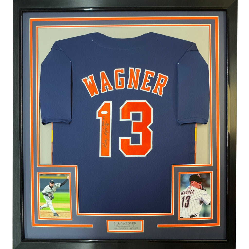 Framed Autographed/Signed Billy Wagner 35x39 422 Saves Houston Blue Baseball Jersey JSA COA