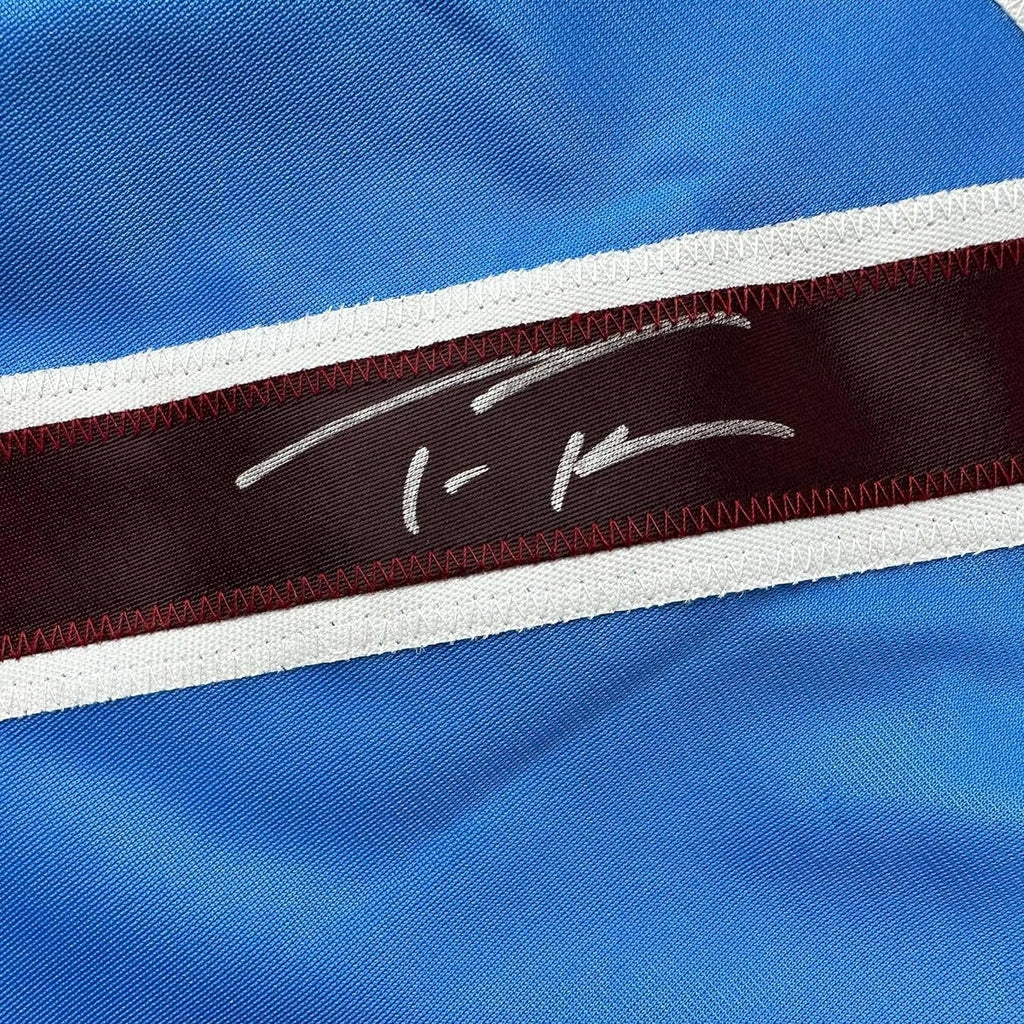 Framed Autographed/Signed Trea Turner 35x39 Philadelphia Blue Retro Baseball Jersey Beckett BAS COA