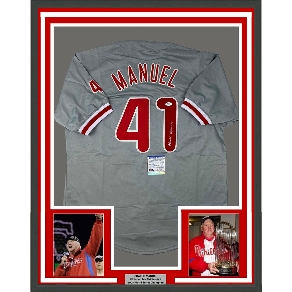 Framed Autographed/Signed Charlie Manuel 35x39 Philadelphia Grey Baseball Jersey PSA/DNA COA