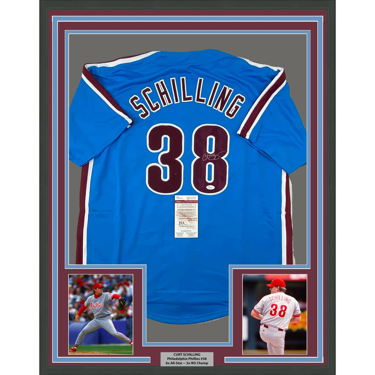 Framed Autographed/Signed Curt Schilling 35x39 Philadelphia Retro Blue Baseball Jersey JSA COA