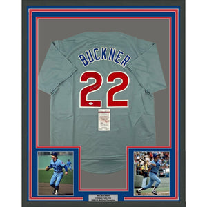 Framed Autographed/Signed Bill Buckner 35x39 Chicago Grey Baseball Jersey JSA COA