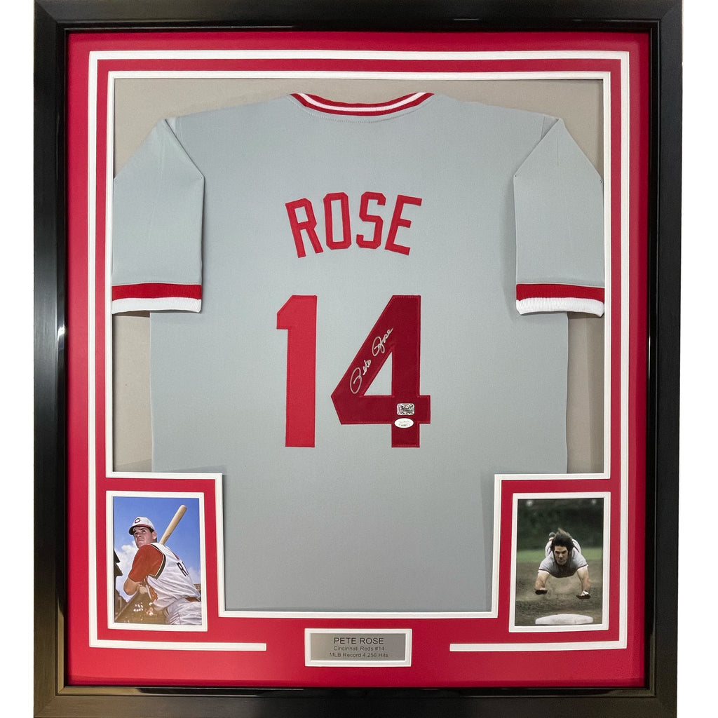 Framed Autographed/Signed Pete Rose 35x39 Cincinnati Grey Baseball Jersey JSA COA