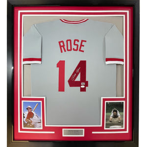 Framed Autographed/Signed Pete Rose 35x39 Cincinnati Grey Baseball Jersey JSA COA