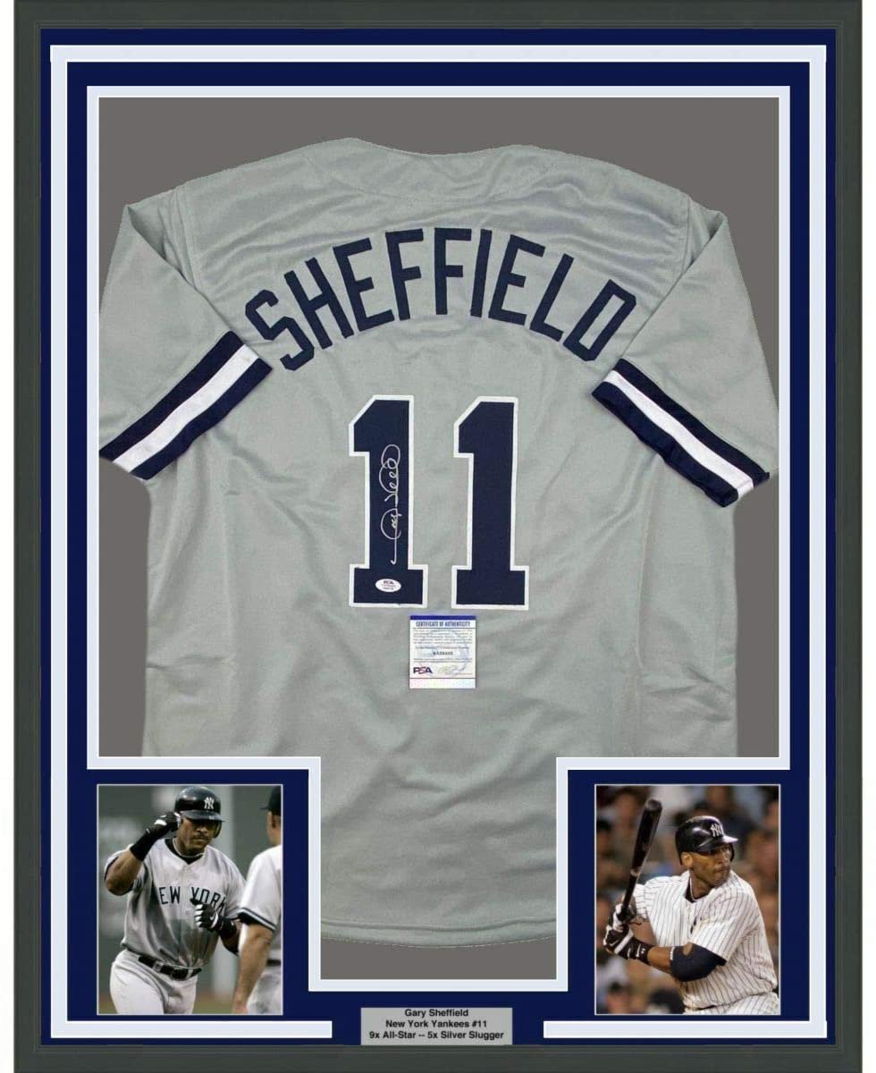 Framed Autographed/Signed Gary Sheffield 35x39 New York Grey Baseball Jersey PSA/DNA COA