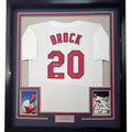 Framed Autographed/Signed Lou Brock 35x39 St. Louis White Baseball Jersey JSA COA