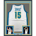 Framed Autographed/Signed Nikola Jokic 35x39 Denver White Retro Throwback Basketball Jersey JSA COA