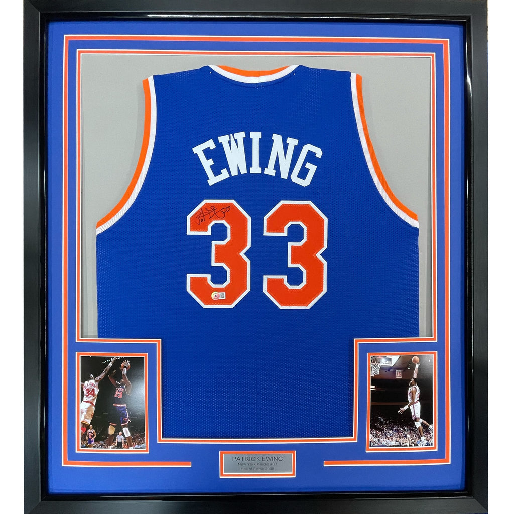 Framed Autographed/Signed Patrick Ewing 35x39 New York Blue Basketball Jersey Beckett BAS COA