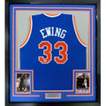 Framed Autographed/Signed Patrick Ewing 35x39 New York Blue Basketball Jersey Beckett BAS COA