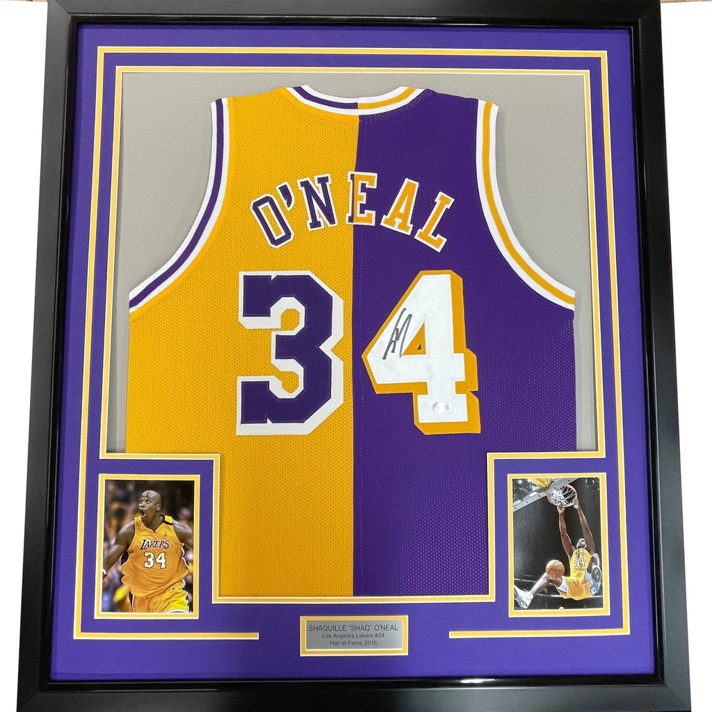 Framed Autographed/Signed Shaquille Shaq O'Neal 35x39 Los Angeles LA Split Basketball Jersey Beckett BAS COA
