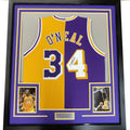 Framed Autographed/Signed Shaquille Shaq O'Neal 35x39 Los Angeles LA Split Basketball Jersey Beckett BAS COA