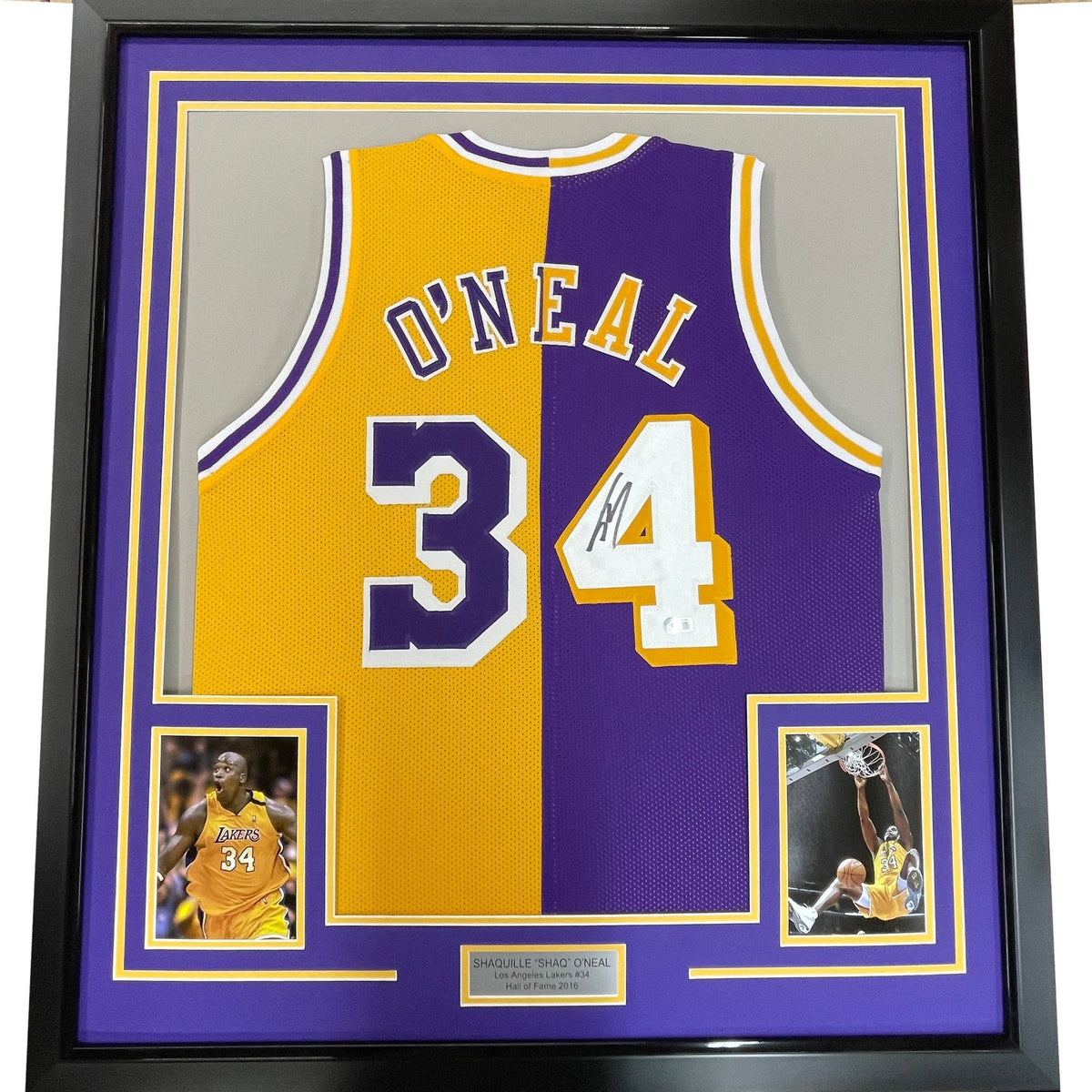 Framed Autographed/Signed Shaquille Shaq O'Neal 35x39 Los Angeles LA Split Basketball Jersey Beckett BAS COA