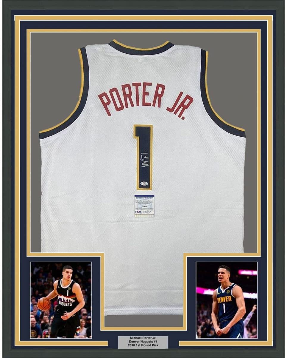 Framed Autographed/Signed Michael Porter Jr. 35x39 Denver White Basketball Jersey PSA/DNA COA