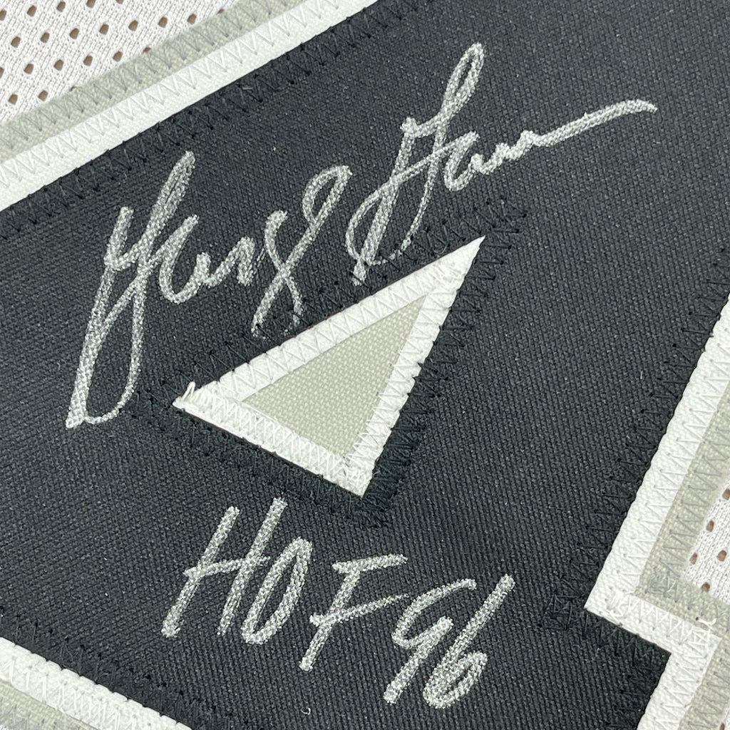 Framed Autographed/Signed George Gervin 35x39 HOF 96 San Antonio White Basketball Jersey JSA COA