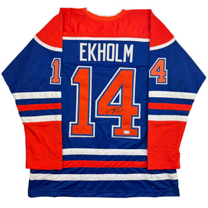 Autographed/Signed Mattias Ekholm Edmonton Blue Hockey Jersey Beckett BAS COA