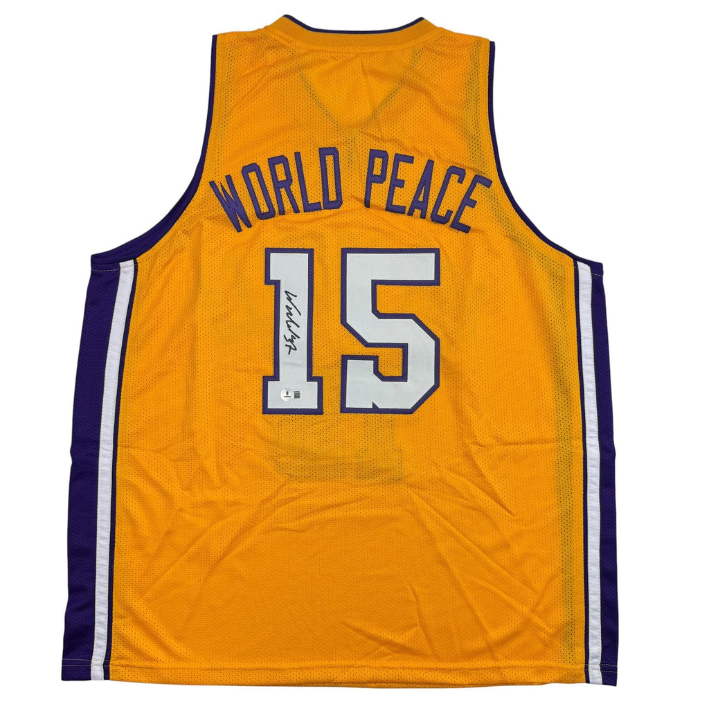 Autographed/Signed Ron Artest Metta World Peace Los Angeles Yellow Basketball Jersey Beckett BAS COA