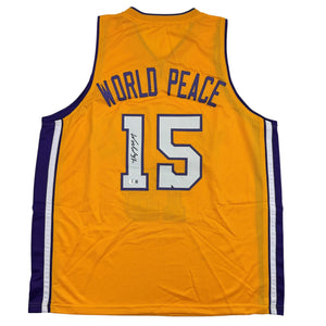Autographed/Signed Ron Artest Metta World Peace Los Angeles Yellow Basketball Jersey Beckett BAS COA