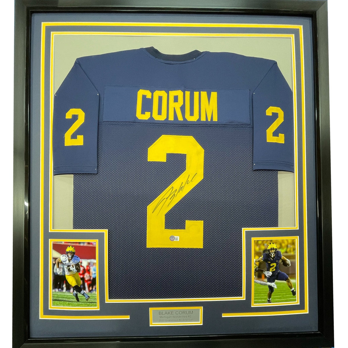 Framed Autographed/Signed Blake Corum 35x39 Michigan Blue College Football Jersey Beckett BAS COA