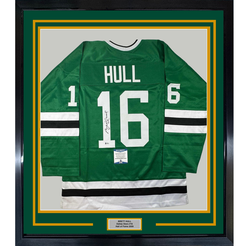 Framed Autographed/Signed Brett Hull 35x39 Dallas Green Hockey Jersey Beckett BAS COA